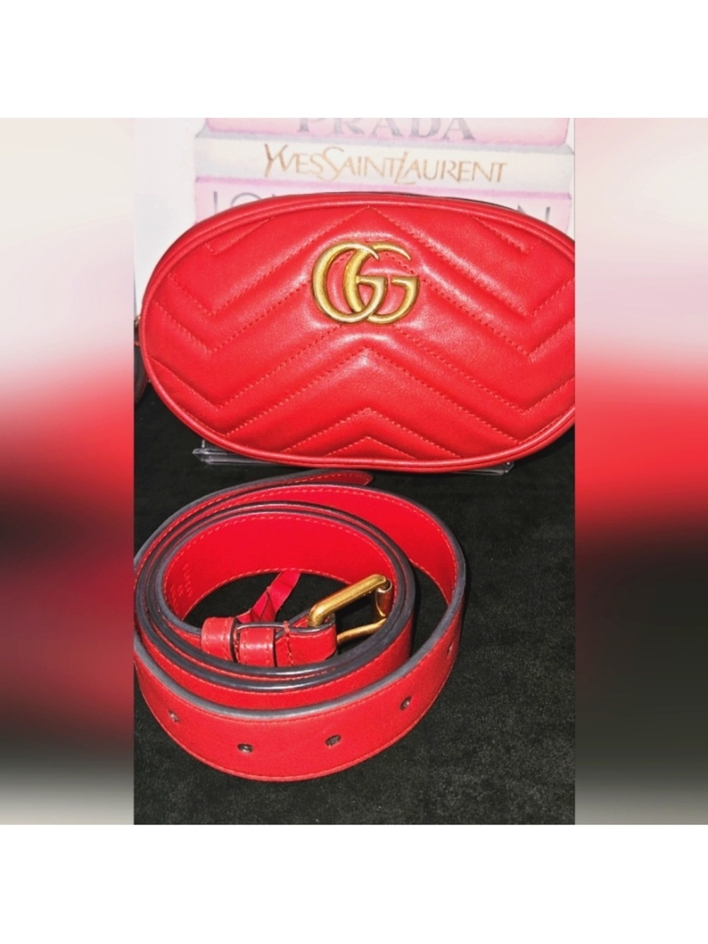 Gucci Red Quilted w/COA Leather GG Belt Bag with Gold Hardware with COA